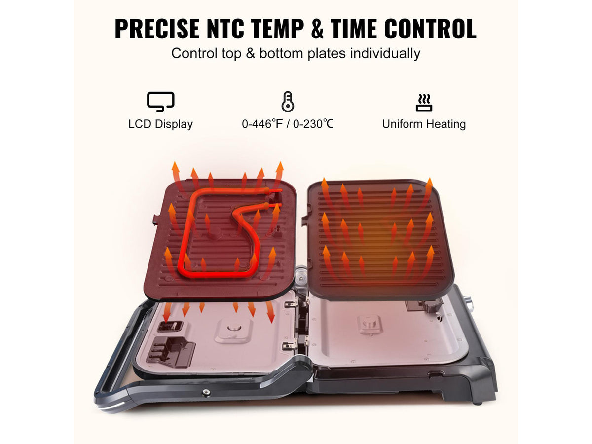 7 IN 1 Commercial Electric Griddle, 14.4" 1800W Indoor Countertop Grill, Stainless Steel Restaurant Teppanyaki Grill with Non Stick Iron Cooking Plate, 0-446 Adjustable Temp Control 110V