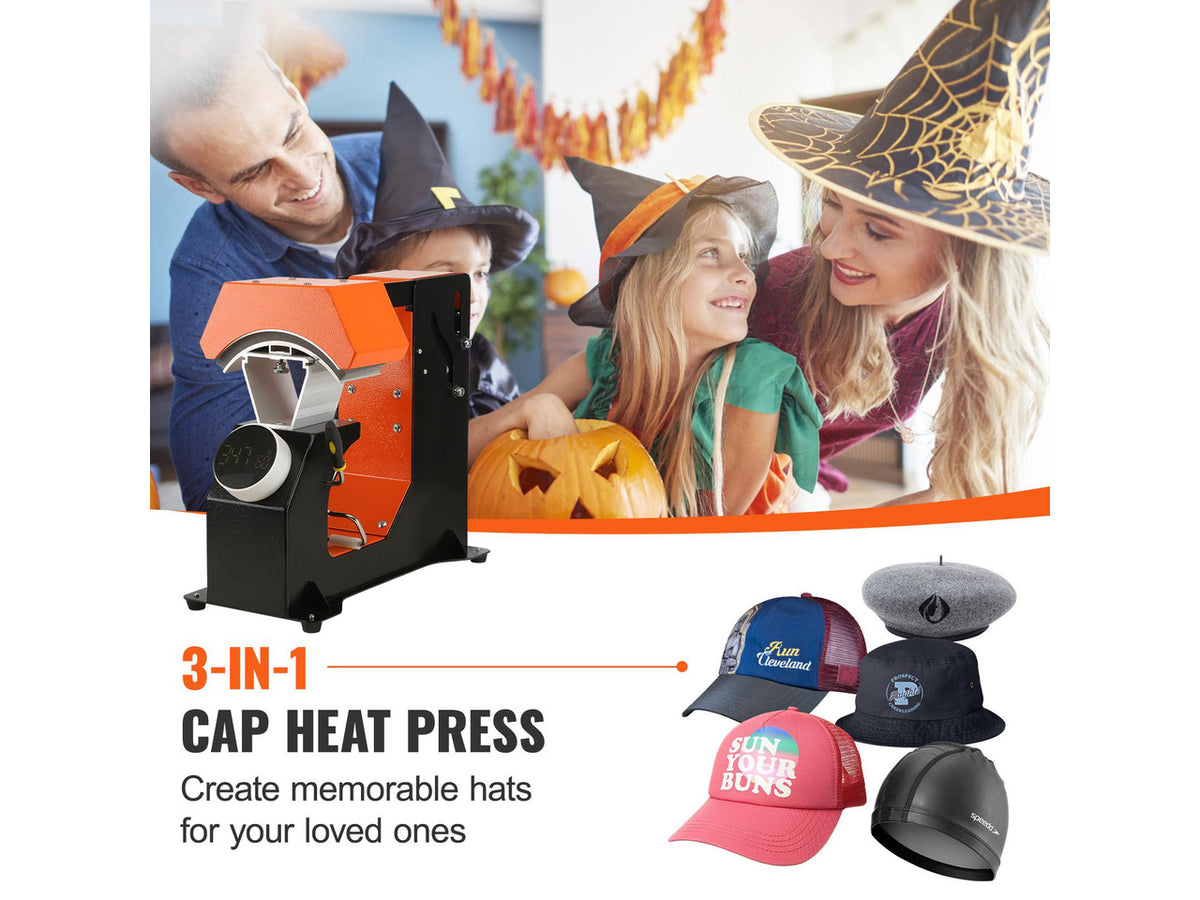3-in-1 Auto Hat Heat Press with 3pcs Interchangeable Platens(6.6" x 2.7", 6.6" x 3.8", 6.1" x 3"), Automatic Release&Press Knob-Style Digital Control Panel Tested to UL Standards