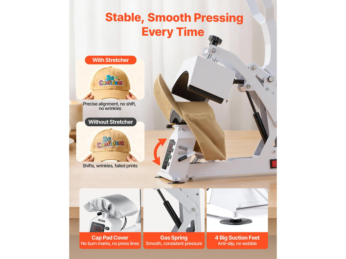 VEVOR Hat Heat Press Machine, with 2 Interchangeable Platens and Caps Stretcher, Precise Temperature & Time Control, Heat Press for Hats and Caps, for HTV Iron On and Sublimation Projects, White
