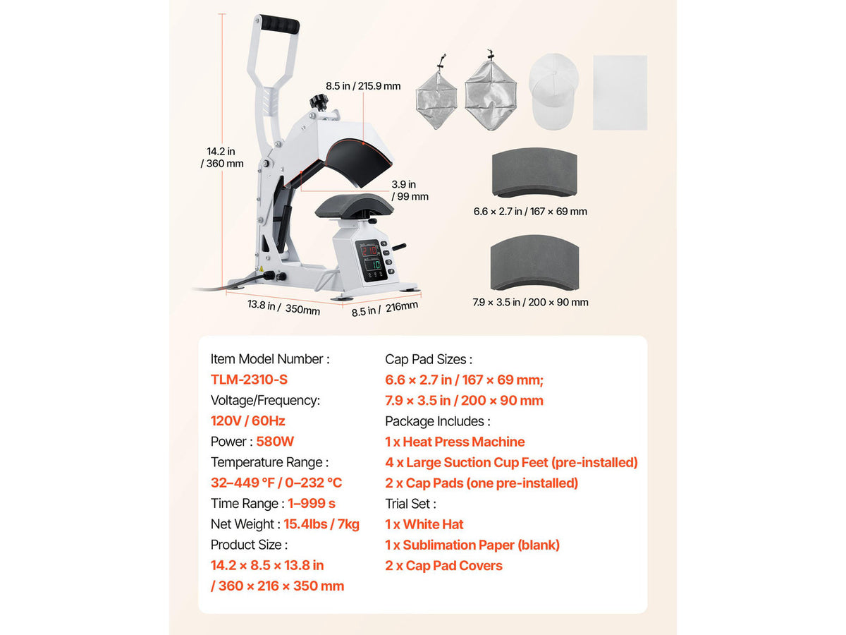 VEVOR Hat Heat Press Machine, with 2 Interchangeable Platens and Caps Stretcher, Precise Temperature & Time Control, Heat Press for Hats and Caps, for HTV Iron On and Sublimation Projects, White