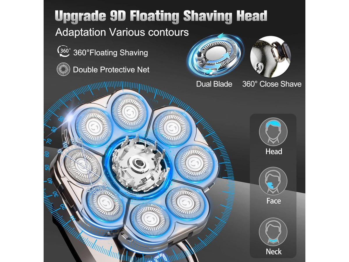 9D Electric Head Shaver for Bald Men, Upgraded 5-in-1 Head Shaver for Bald Men, Waterproof Wet/Dry Grooming Kit Electric Shaver for Men, Cordless Rechargeable Bald Head Razor for Home&Travel
