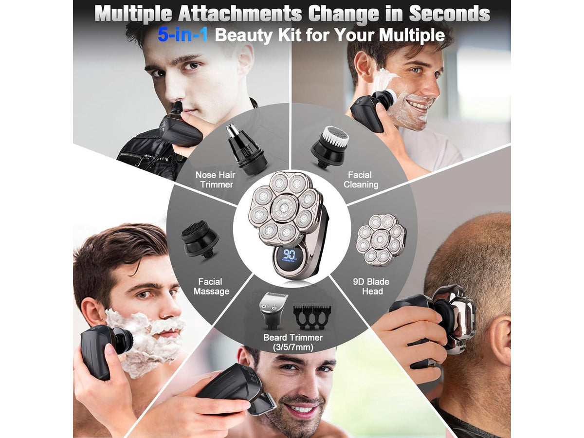 9D Electric Head Shaver for Bald Men, Upgraded 5-in-1 Head Shaver for Bald Men, Waterproof Wet/Dry Grooming Kit Electric Shaver for Men, Cordless Rechargeable Bald Head Razor for Home&Travel