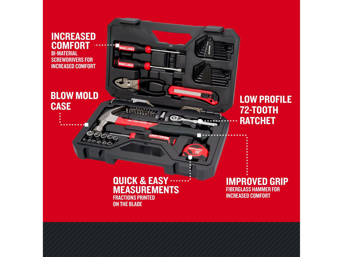 57 Piece Mechanics Tool Set Home Tool Set, Sockets, Ratchet, Screwdrivers, Hammer, Pliers, Hex Keys, Specialty Bits Hand Tools