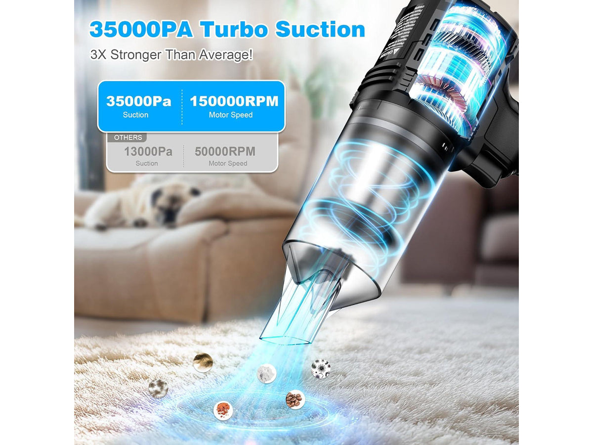 Car Vacuum Cordless, 35000PA Strong Suction Handheld Vacuum with 2 Detachable Batteries, 60Min Runtime Portable Vacuum Cleaner for Car Detailing, Pet Hair, Home Couch & Office, 350ML XL Dust Cup