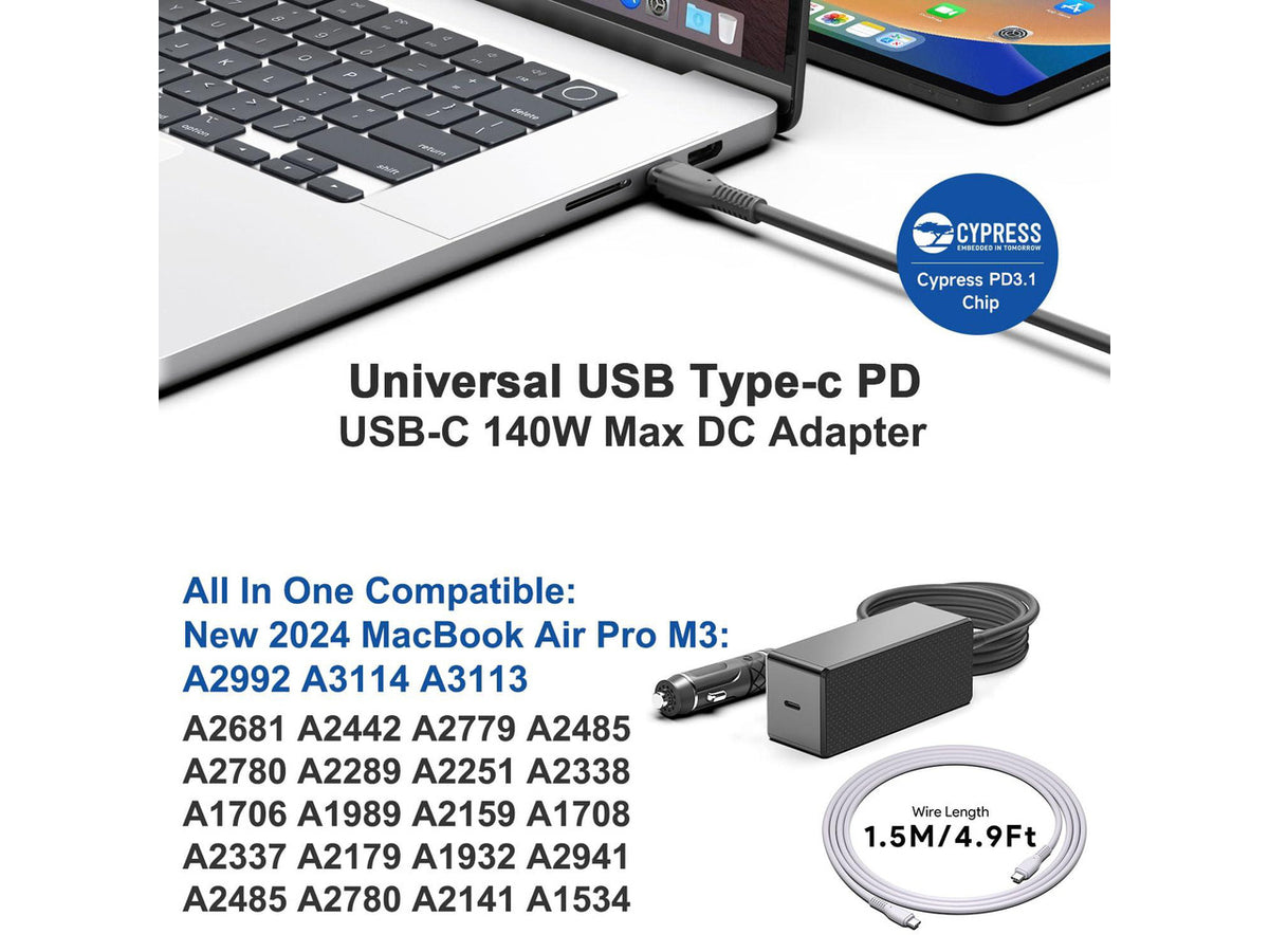140W 135W 130W 100W 95W 90W USB-C Laptop Car Charger PD3.1 12V-24V DC Adapter for MacBook Pro 16" /MacBook Air,Dell XPS/Latitude/Precision/Chromebook,Lenovo,HP,Asus,Toshiba/Steam Deck/Tablet/Phone