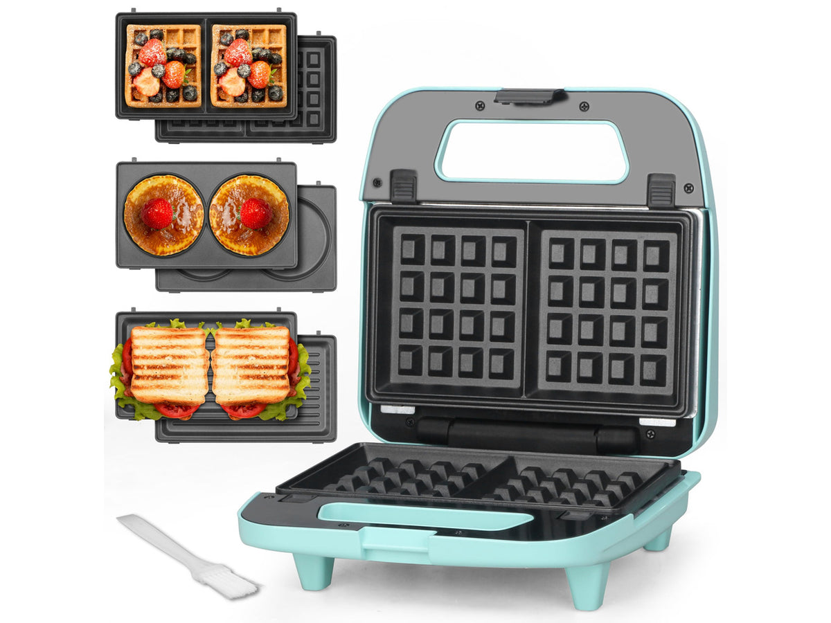 3 in 1 Mini Waffle Maker with Removable Plates, Mini Pancake Maker, Grilled Cheese Maker, Breakfast Sandwich Maker Press, Indoor Grill, Belgian Waffle Maker, Aqua