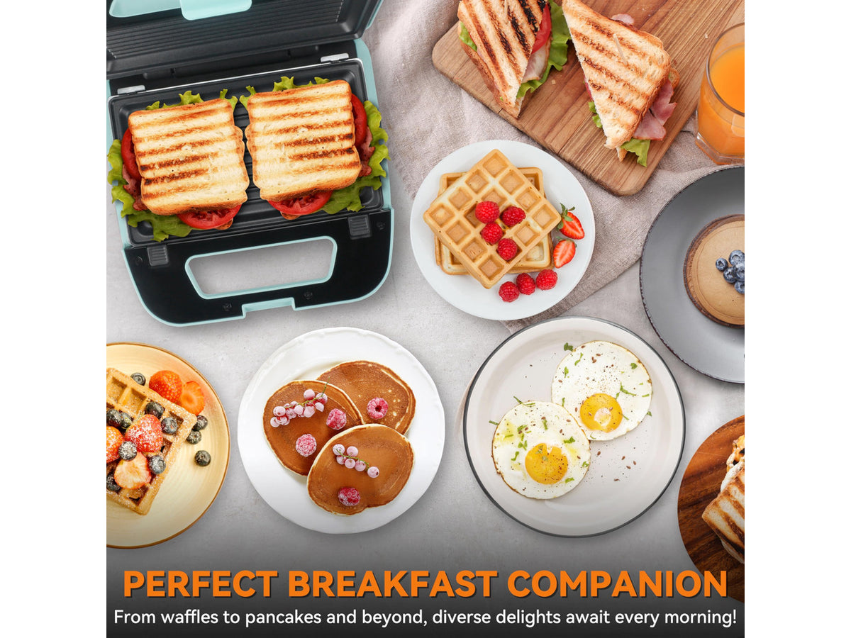 3 in 1 Mini Waffle Maker with Removable Plates, Mini Pancake Maker, Grilled Cheese Maker, Breakfast Sandwich Maker Press, Indoor Grill, Belgian Waffle Maker, Aqua