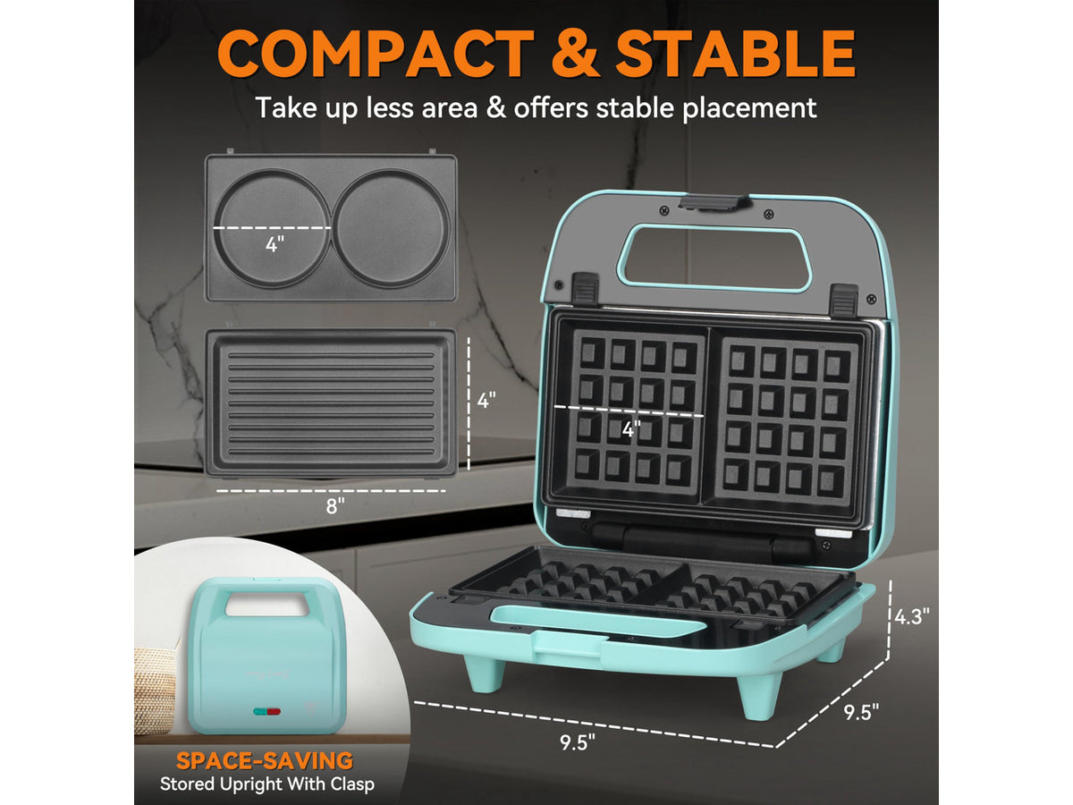 3 in 1 Mini Waffle Maker with Removable Plates, Mini Pancake Maker, Grilled Cheese Maker, Breakfast Sandwich Maker Press, Indoor Grill, Belgian Waffle Maker, Aqua