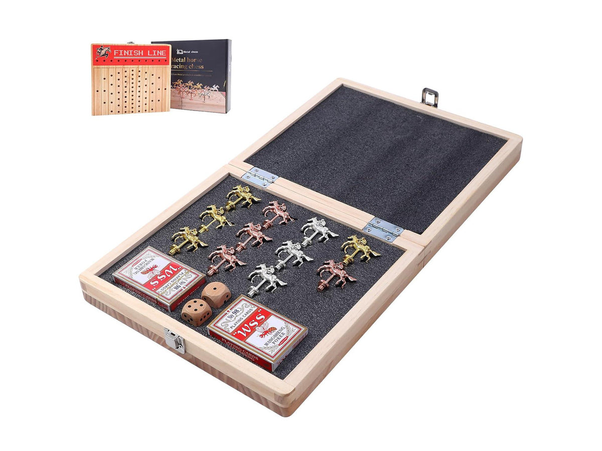 Horse Race Board Game, Horse Racing Game, Board Game Set Foldable and Portable with 2 Sets of Cards, 2 Dice, and 12 Metal Horses (1-Pack)