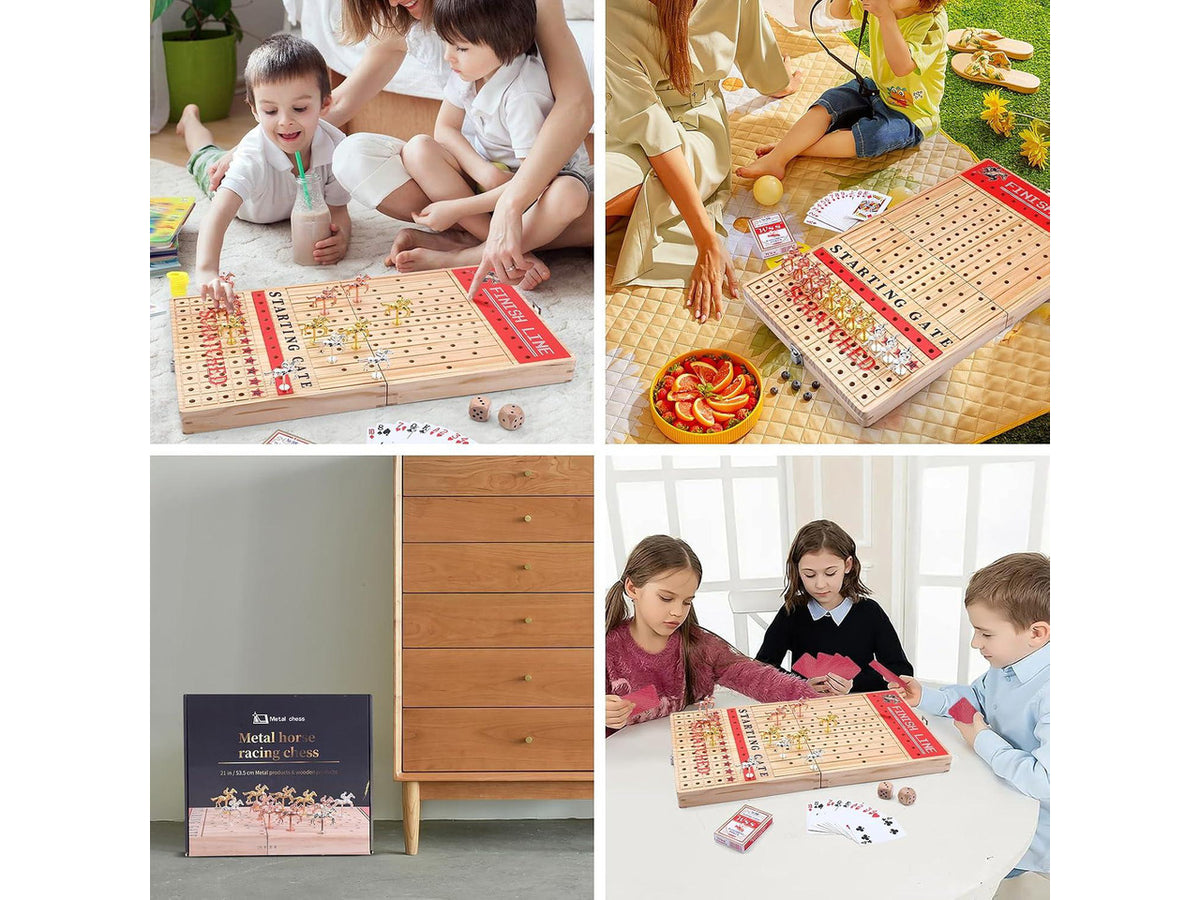 Horse Race Board Game, Horse Racing Game, Board Game Set Foldable and Portable with 2 Sets of Cards, 2 Dice, and 12 Metal Horses (1-Pack)