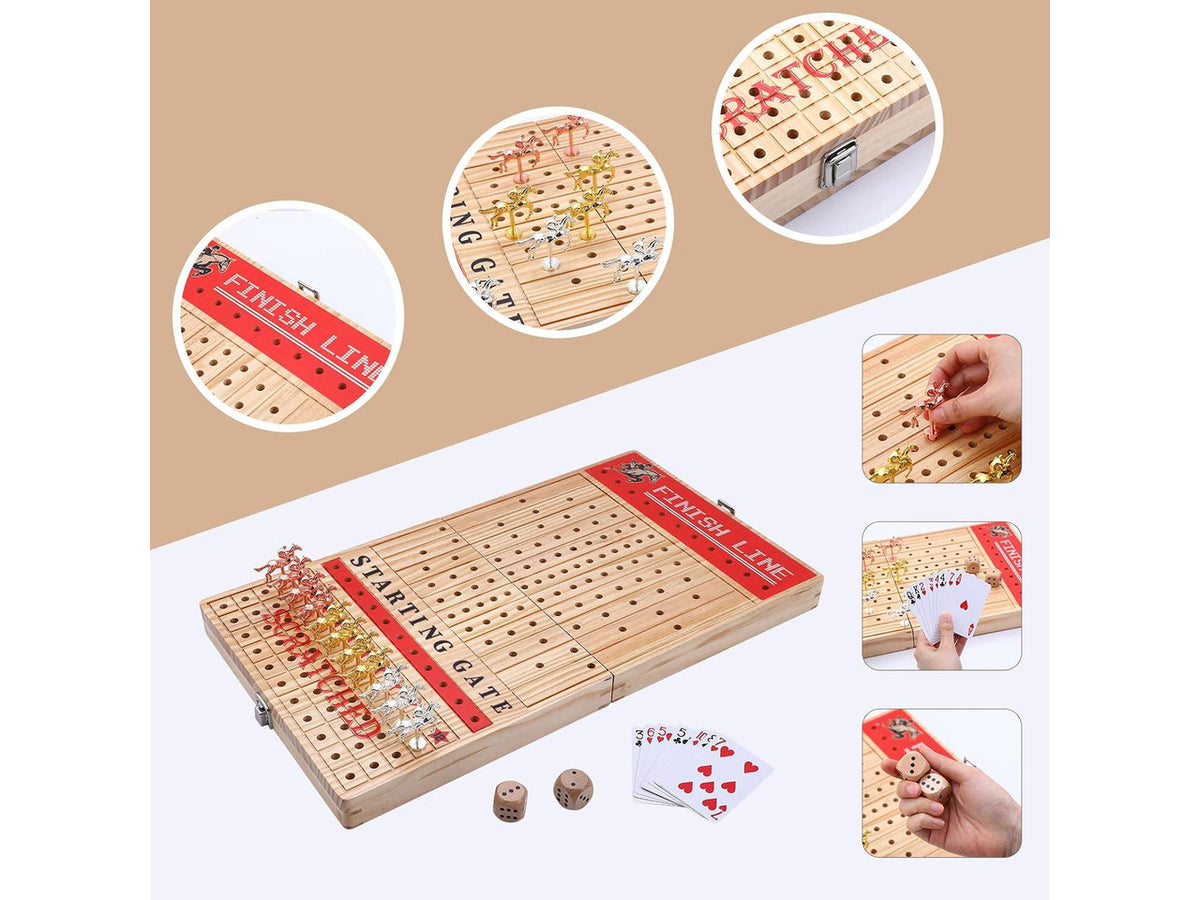 Horse Race Board Game, Horse Racing Game, Board Game Set Foldable and Portable with 2 Sets of Cards, 2 Dice, and 12 Metal Horses (1-Pack)