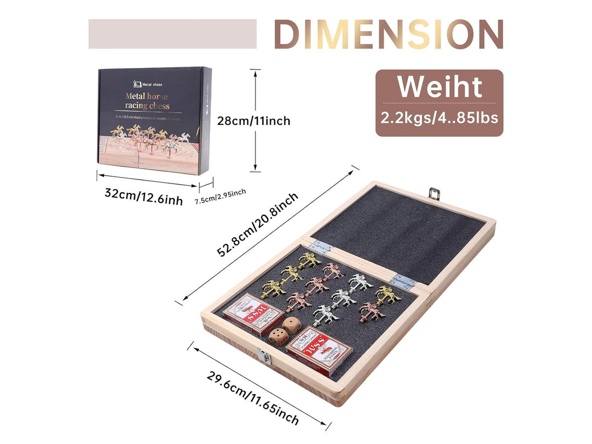 Horse Race Board Game, Horse Racing Game, Board Game Set Foldable and Portable with 2 Sets of Cards, 2 Dice, and 12 Metal Horses (1-Pack)
