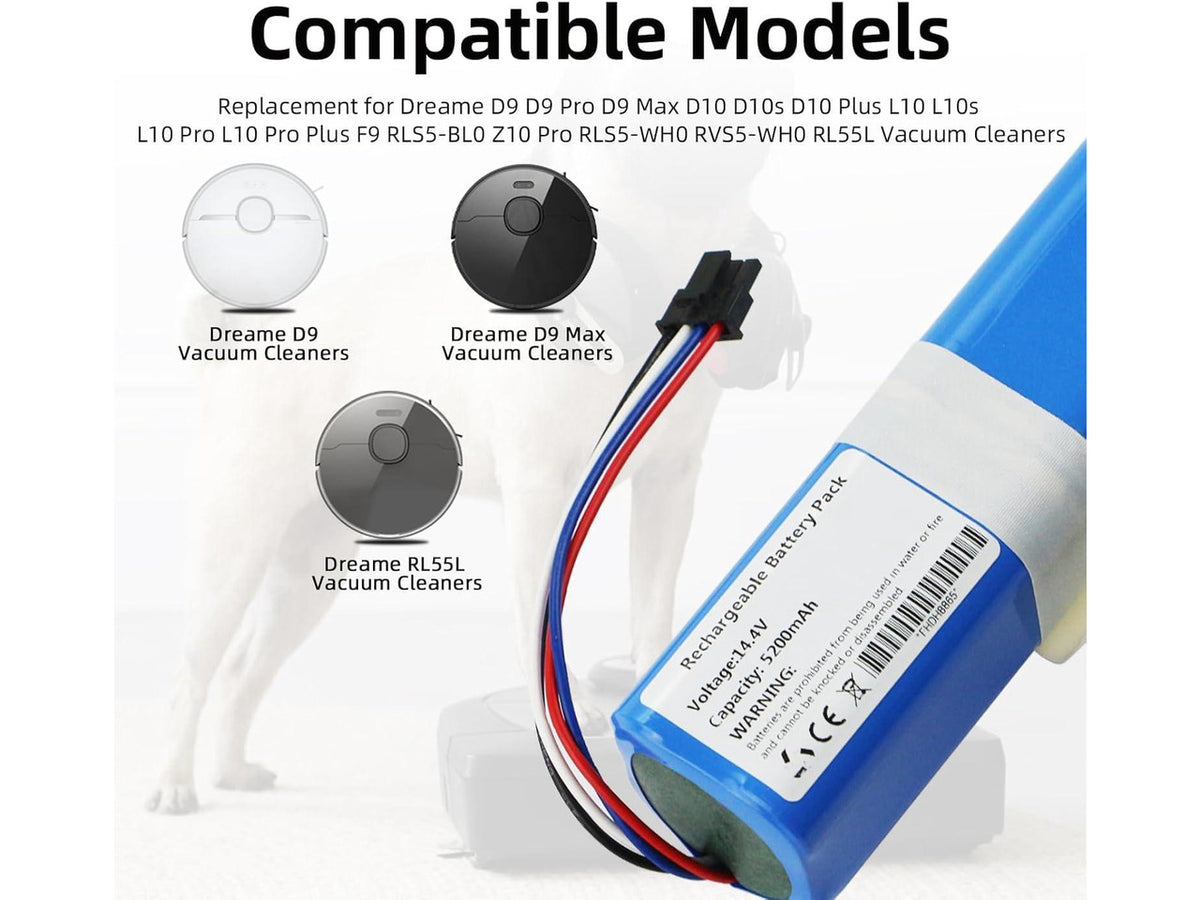 5200mAh Rechargable Vacuum Cleaner Battery for Dreame D9 Pro D9 MAX D10 D10s Plus L10 L10s L10 ro Plus F9 Z10 Pro RLS5-BL0 RLS5-WH0 RVS5-WH0 RL55L P2008-4S2P-MMBK Robot Vacuum Cleaner
