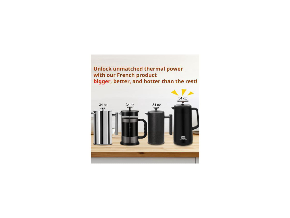 34oz Double Vacuum Insulation Large Silicone French Press Coffee Maker with Silicone Ring, Stainless Steel, Perfect for Camping, Travel, and At-Home Use (Matte Black)