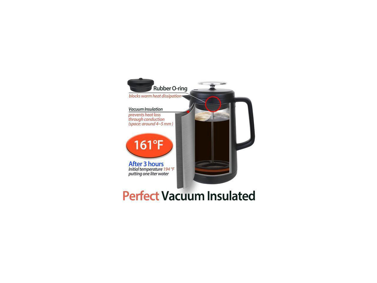 34oz Double Vacuum Insulation Large Silicone French Press Coffee Maker with Silicone Ring, Stainless Steel, Perfect for Camping, Travel, and At-Home Use (Matte Black)