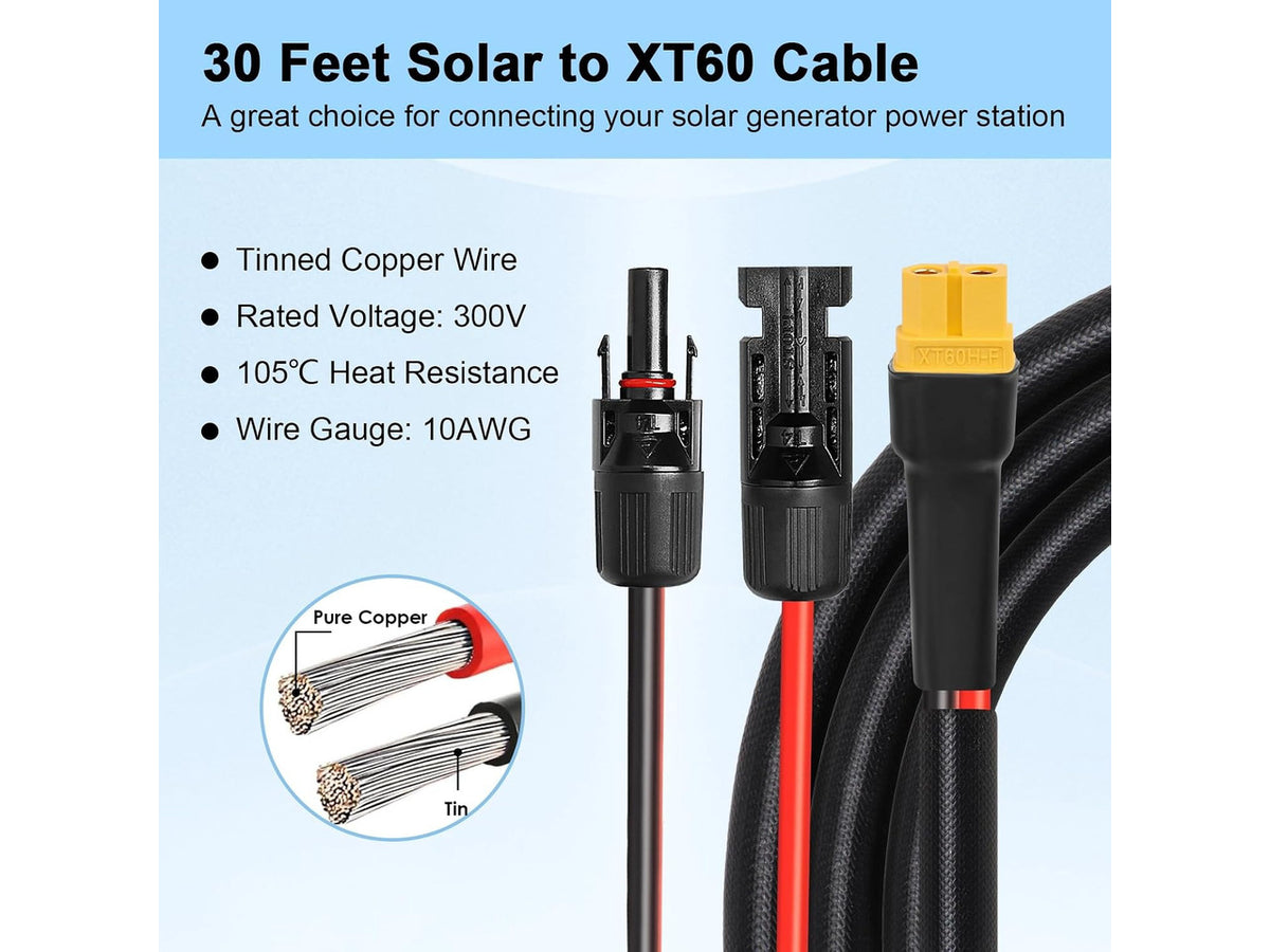 10AWG 30FT Solar to XT60 Adapter Cable Solar Panel to Battery for RV, Portable Power Station & Solar Generator