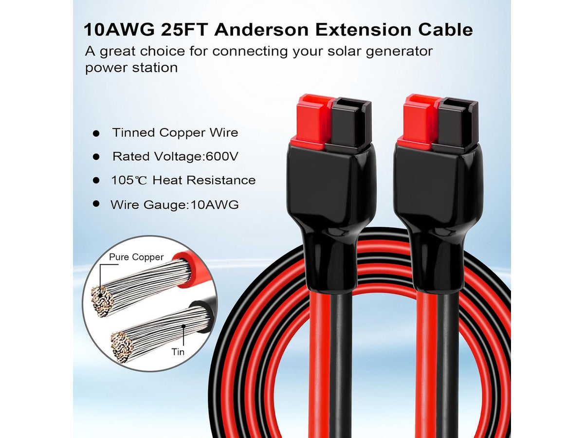 10AWG 25FT Anderson Extension Cable Solar Extension with Anderson Connector for Portable Power Station, Solar Panel & Generator