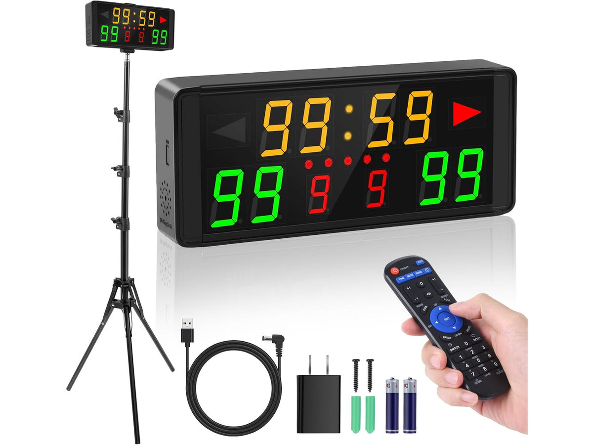 LED Electronic Scoreboard Digital Score Keeper with Remote & Tripod Basketball Shot Clock, Timer & 12/24h Real Time for Football, Cornhole, Ping Pong & Table Tennis