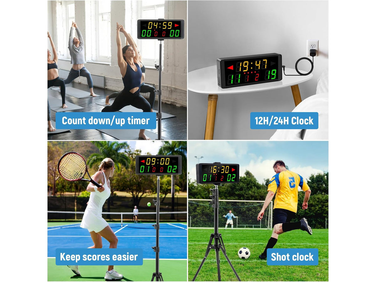 LED Electronic Scoreboard Digital Score Keeper with Remote & Tripod Basketball Shot Clock, Timer & 12/24h Real Time for Football, Cornhole, Ping Pong & Table Tennis