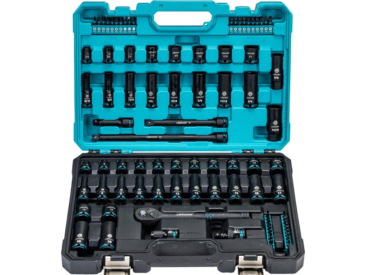 3/8 Socket Set 90PCS, SAE(5/16-3/4) & Metric(7-19MM) Impact Socket | Cr-V Impact Driver Socket, Deep&Shallow, Extension Bars, Ratchet Handle, Screwdriver Bits, Spark Plug Sockets, Adapters