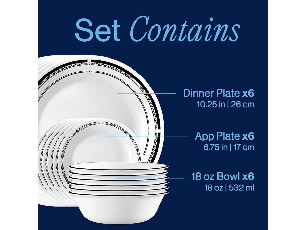 18-Piece Round Dinnerware Set Service for 6, Lightweight Round Plates and Bowls Set, Vitrelle Triple Layer Glass, Chip and Scratch Resistant, Microwave and Dishwasher Safe, Brasserie