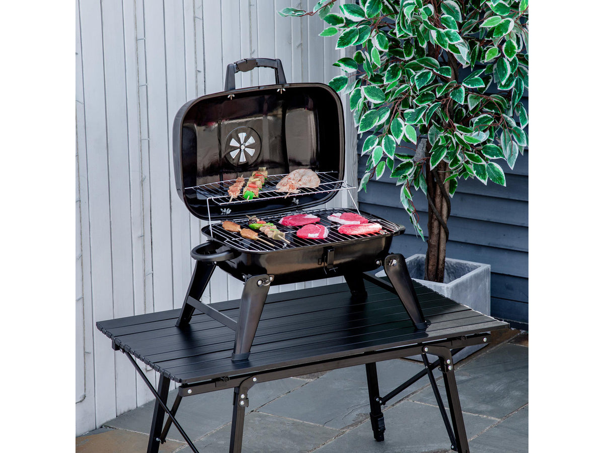 14" Portable Charcoal Grill, Tabletop Small BBQ Grill for Outdoor Cooking, Camping, Tailgating, Enamel Coated, Vent, Folding Legs, Black