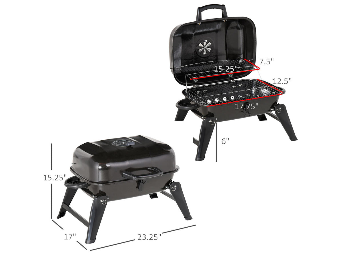 14" Portable Charcoal Grill, Tabletop Small BBQ Grill for Outdoor Cooking, Camping, Tailgating, Enamel Coated, Vent, Folding Legs, Black