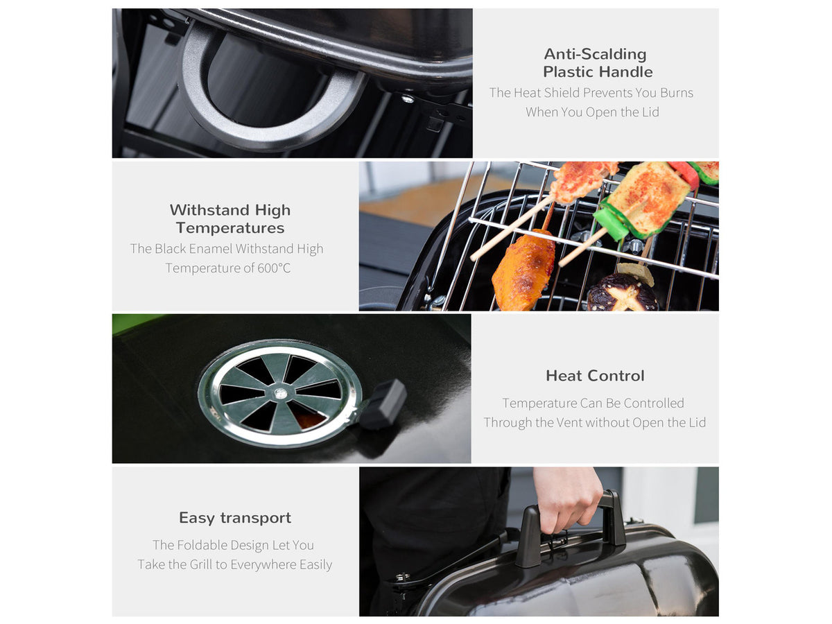 14" Portable Charcoal Grill, Tabletop Small BBQ Grill for Outdoor Cooking, Camping, Tailgating, Enamel Coated, Vent, Folding Legs, Black