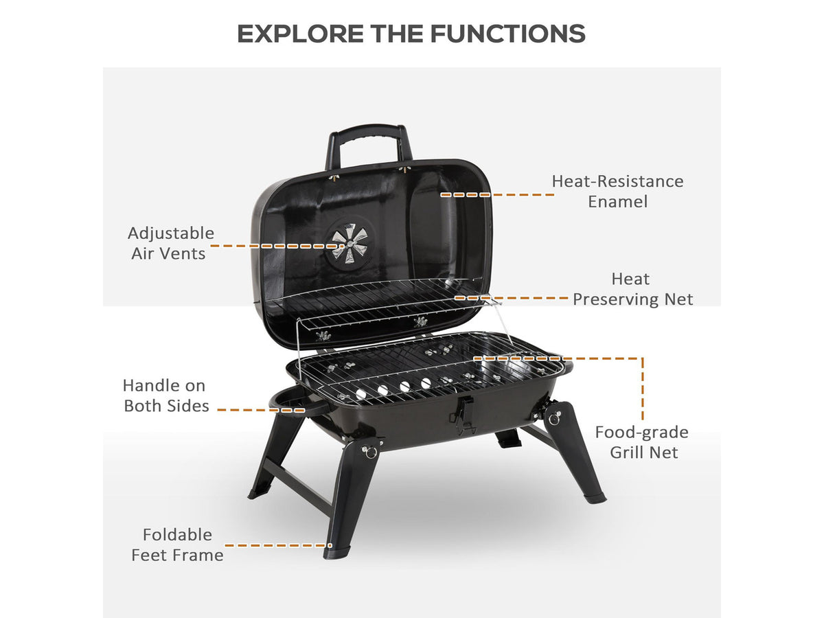 14" Portable Charcoal Grill, Tabletop Small BBQ Grill for Outdoor Cooking, Camping, Tailgating, Enamel Coated, Vent, Folding Legs, Black