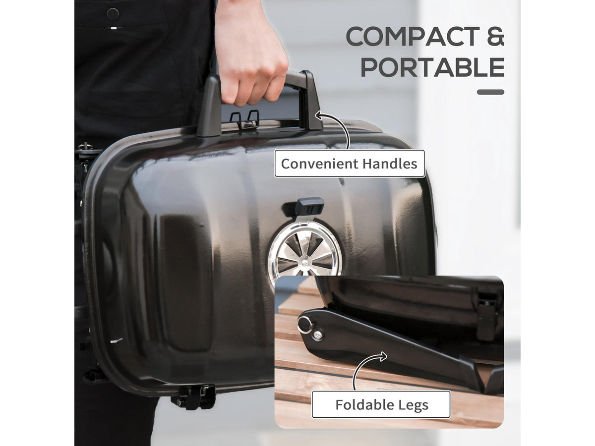 14" Portable Charcoal Grill, Tabletop Small BBQ Grill for Outdoor Cooking, Camping, Tailgating, Enamel Coated, Vent, Folding Legs, Black
