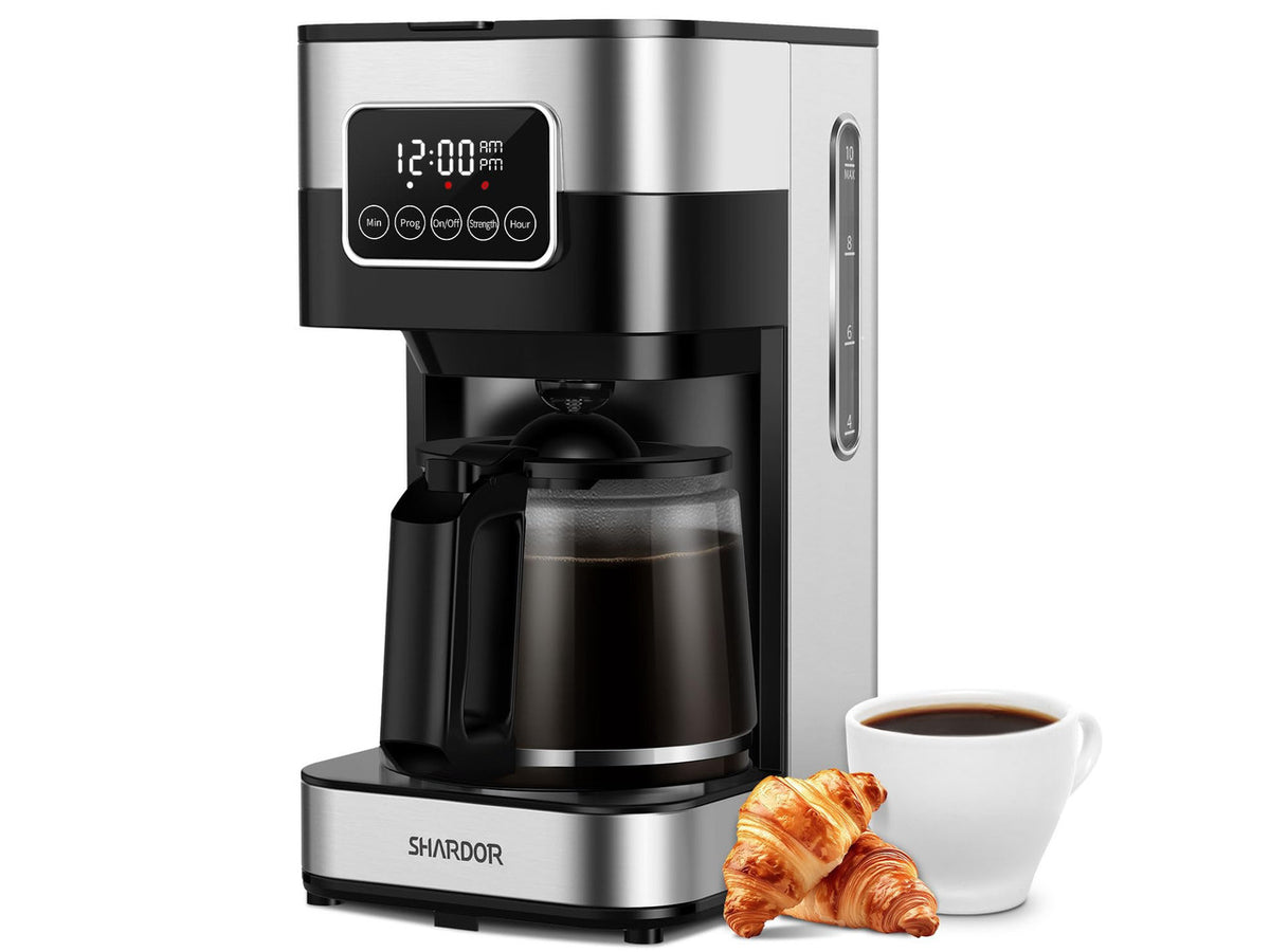 10-Cup Programmable Coffee Maker, Regular & Strong Brew Drip Coffee Machine for Home and Office, Auto Shut Off, Permanent Filter, Silver