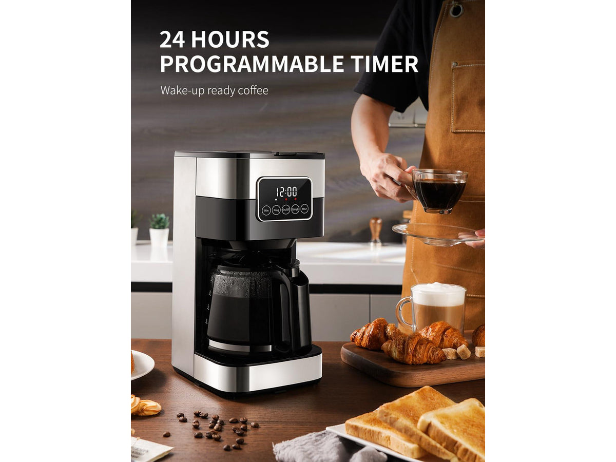 10-Cup Programmable Coffee Maker, Regular & Strong Brew Drip Coffee Machine for Home and Office, Auto Shut Off, Permanent Filter, Silver