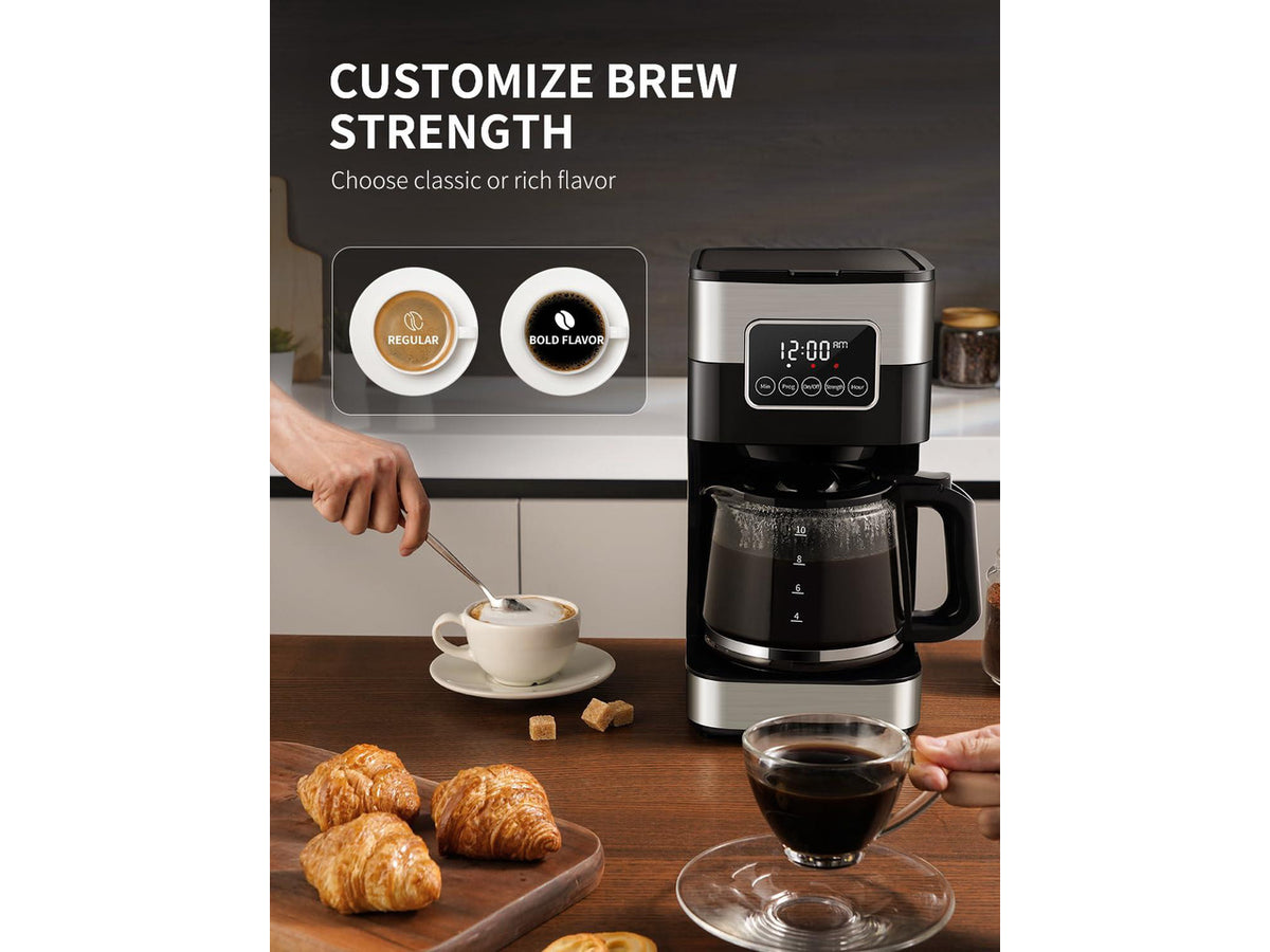 10-Cup Programmable Coffee Maker, Regular & Strong Brew Drip Coffee Machine for Home and Office, Auto Shut Off, Permanent Filter, Silver