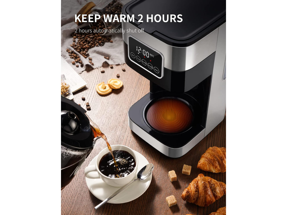 10-Cup Programmable Coffee Maker, Regular & Strong Brew Drip Coffee Machine for Home and Office, Auto Shut Off, Permanent Filter, Silver