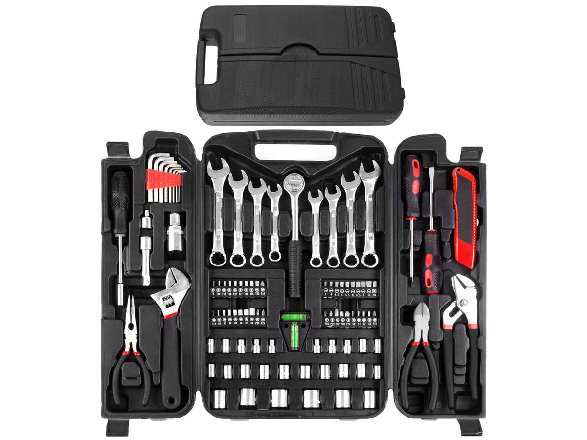 95 Piece Tool Set, Tool Kit, Mechanics Tool Set, Portable Toolbox with Adjustable Wrench Pliers Socket Bits, with Plastic Toolbox, for House Apartment Garage (Red)