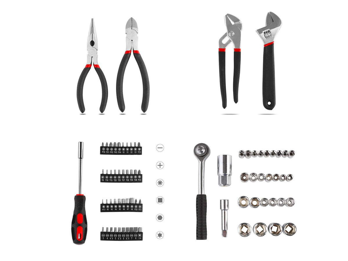 95 Piece Tool Set, Tool Kit, Mechanics Tool Set, Portable Toolbox with Adjustable Wrench Pliers Socket Bits, with Plastic Toolbox, for House Apartment Garage (Red)