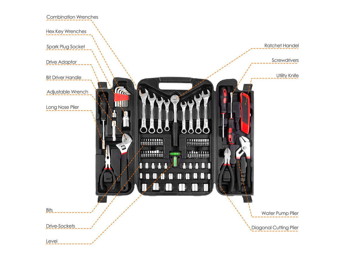 95 Piece Tool Set, Tool Kit, Mechanics Tool Set, Portable Toolbox with Adjustable Wrench Pliers Socket Bits, with Plastic Toolbox, for House Apartment Garage (Red)