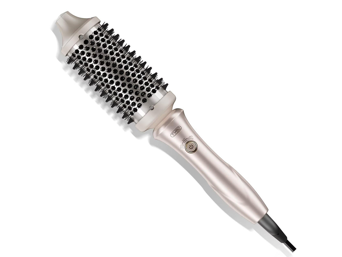 2.0 Thermal Brush Curling Brush - STYLUX 1.7" Blowout Volumizer with Flexi-Fit for Hair Straightening, Heated Round Styler Tool, Hair Straightener and Curler 2 in 1, Dual Voltage & Light, Gold