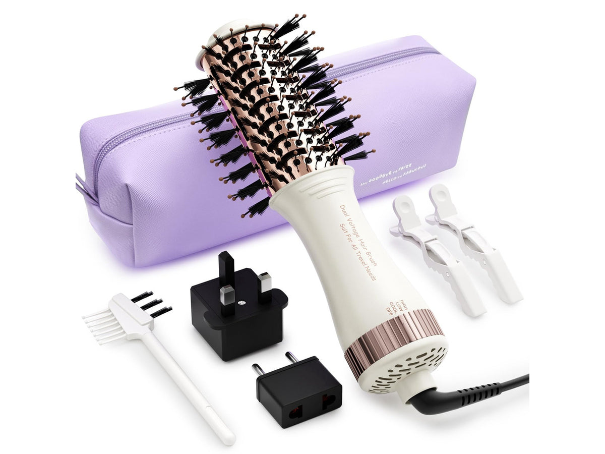 4-in-1 Travel Dual Voltage Hair Dryer Brush Blow Dryer Brush,Portable 2 inch Mini Hot Air Brush,Travel Hair Styler/Volumizer/Straightener/Curler,110-240V European Blow Dry Brush with EU&UK Plug