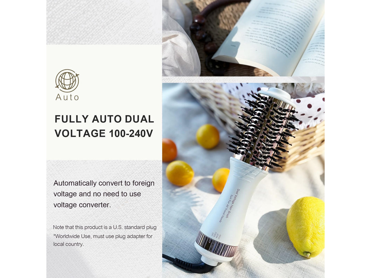 4-in-1 Travel Dual Voltage Hair Dryer Brush Blow Dryer Brush,Portable 2 inch Mini Hot Air Brush,Travel Hair Styler/Volumizer/Straightener/Curler,110-240V European Blow Dry Brush with EU&UK Plug