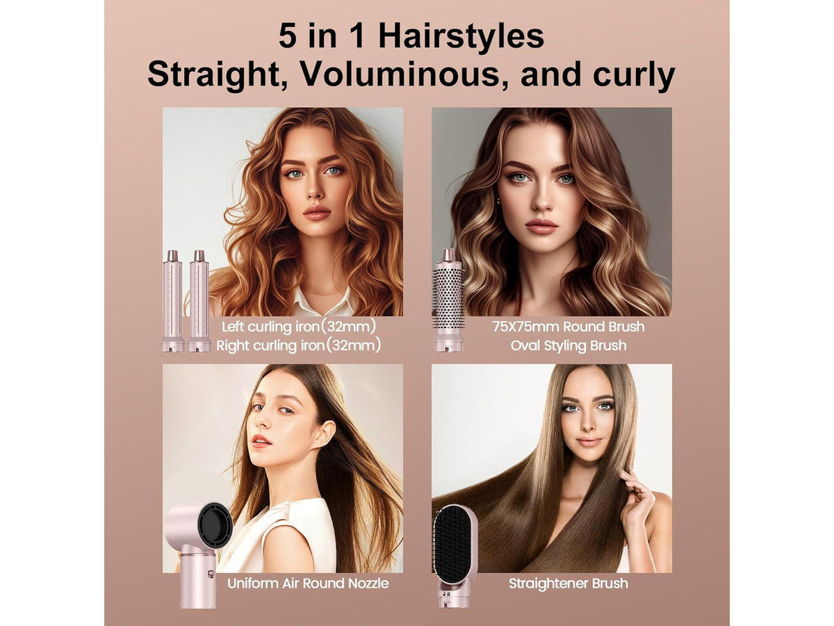 5 in 1 Hair Styler & Wrap Air Curler, Low-Speed Negative Ionic Hair Tools Drying, Multi Hair Styler, Professional Blow Dryer Brush for Curling Volumizing Straightening Styling (Pink)