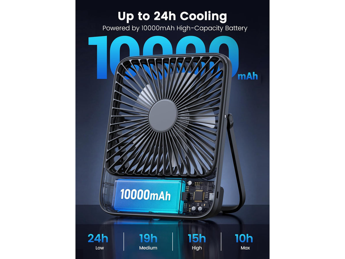 10000mAh Portable Travel Fan 7-inch, Max 24H Runtime, Ultra-thin Quiet Rechargeable Battery Operated Desk Fan with Digital Display for Camping, Office, Bedroom, Cruise Essentials