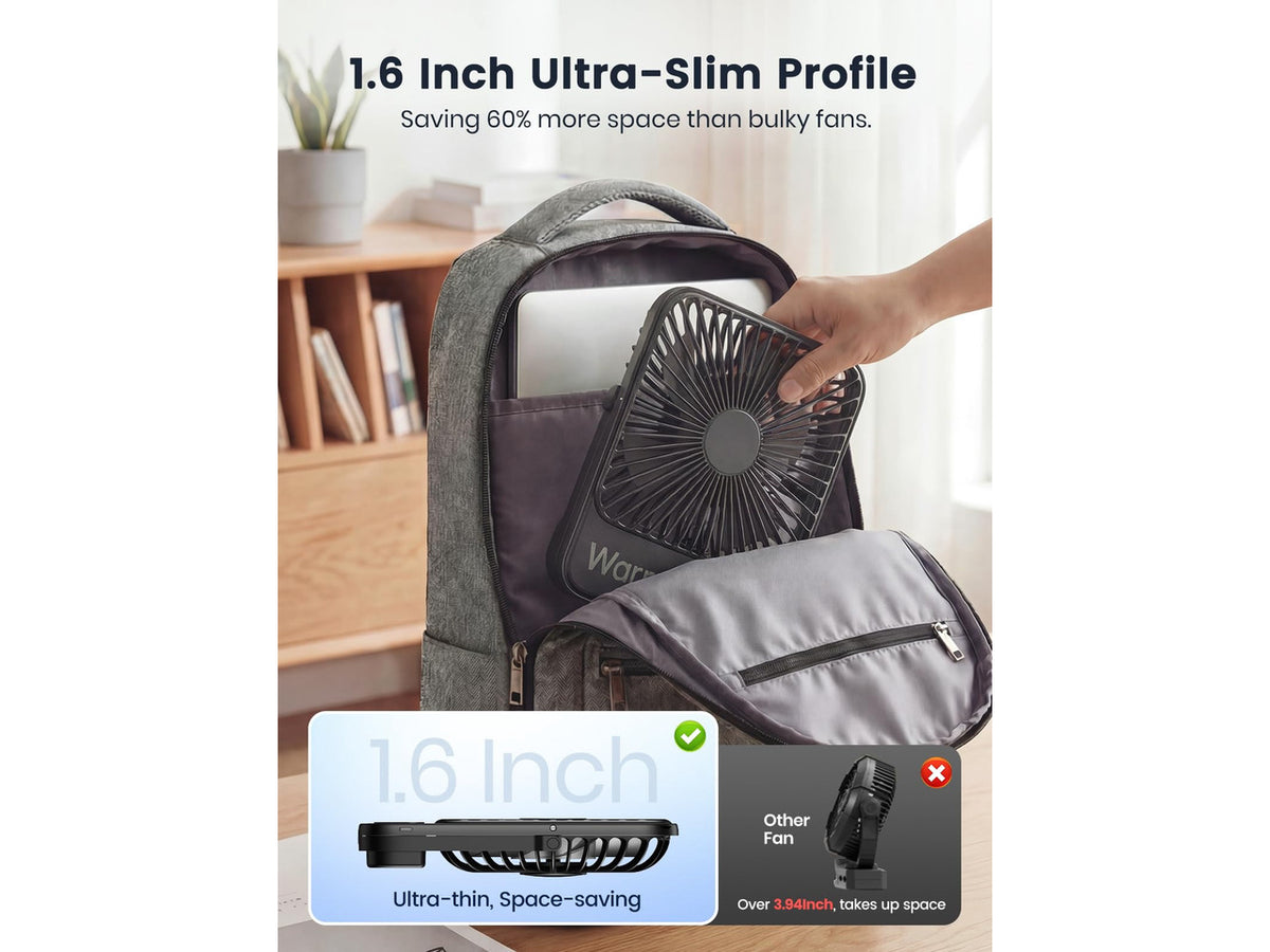 10000mAh Portable Travel Fan 7-inch, Max 24H Runtime, Ultra-thin Quiet Rechargeable Battery Operated Desk Fan with Digital Display for Camping, Office, Bedroom, Cruise Essentials