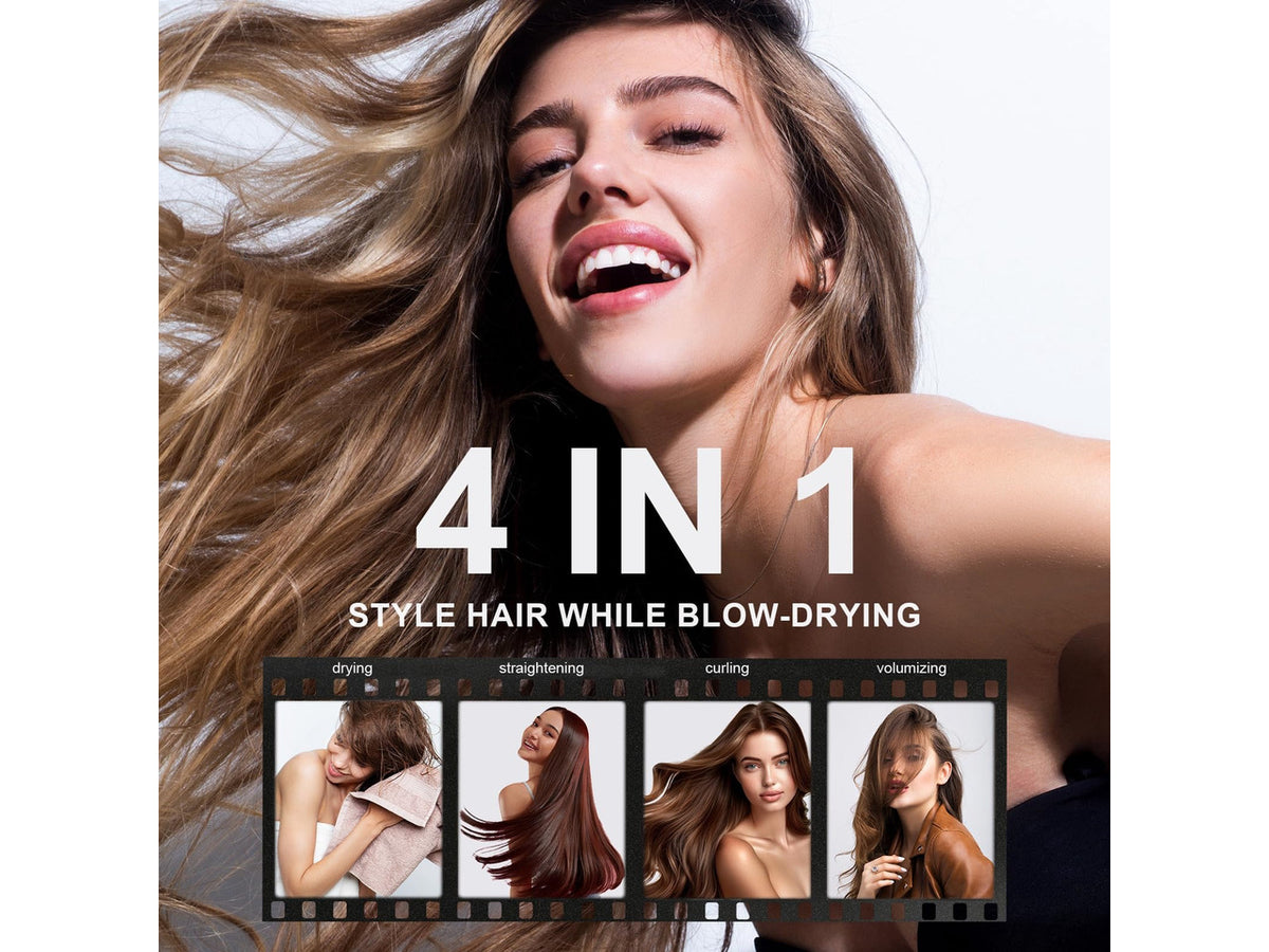 4-in-1 Travel Dual Voltage Hair Dryer Brush Blow Dryer Brush,Portable 2 inch Mini Hot Air Brush,Travel Hair Styler/Volumizer/Straightener/Curler,110-240V European Blow Dry Brush with EU&UK Plug