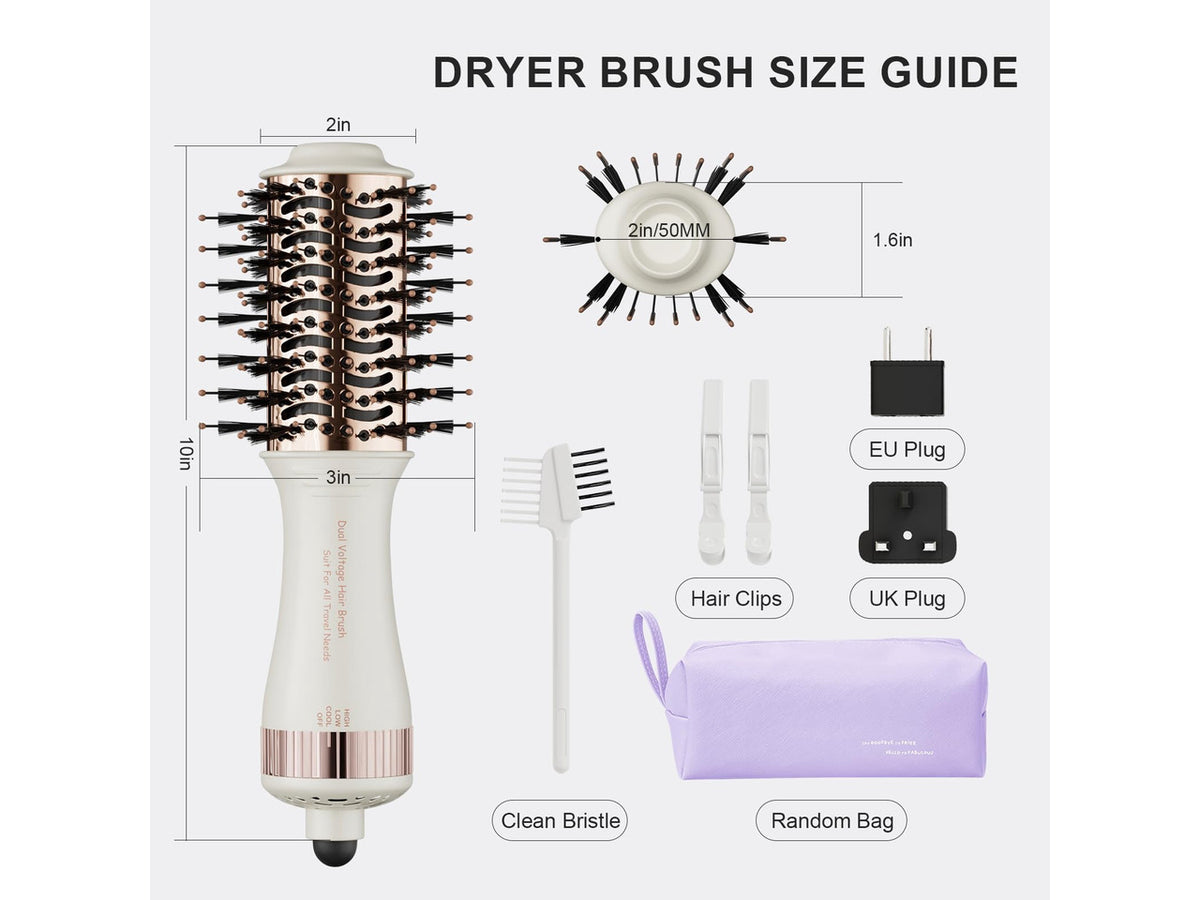 4-in-1 Travel Dual Voltage Hair Dryer Brush Blow Dryer Brush,Portable 2 inch Mini Hot Air Brush,Travel Hair Styler/Volumizer/Straightener/Curler,110-240V European Blow Dry Brush with EU&UK Plug