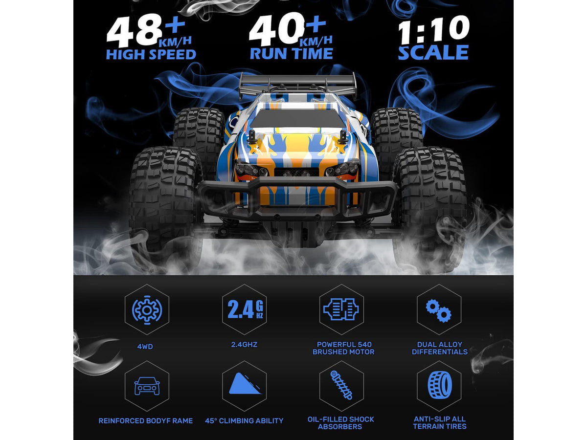 1:10 Large High Speed Remote Control Car with LED Shell Lights, 48+ KM/H, 4WD Offroad Monster Truck for Adults & Kids, Hobby RC Truck Vehicle, 2 Battery Crawler Toy Gift for Boy