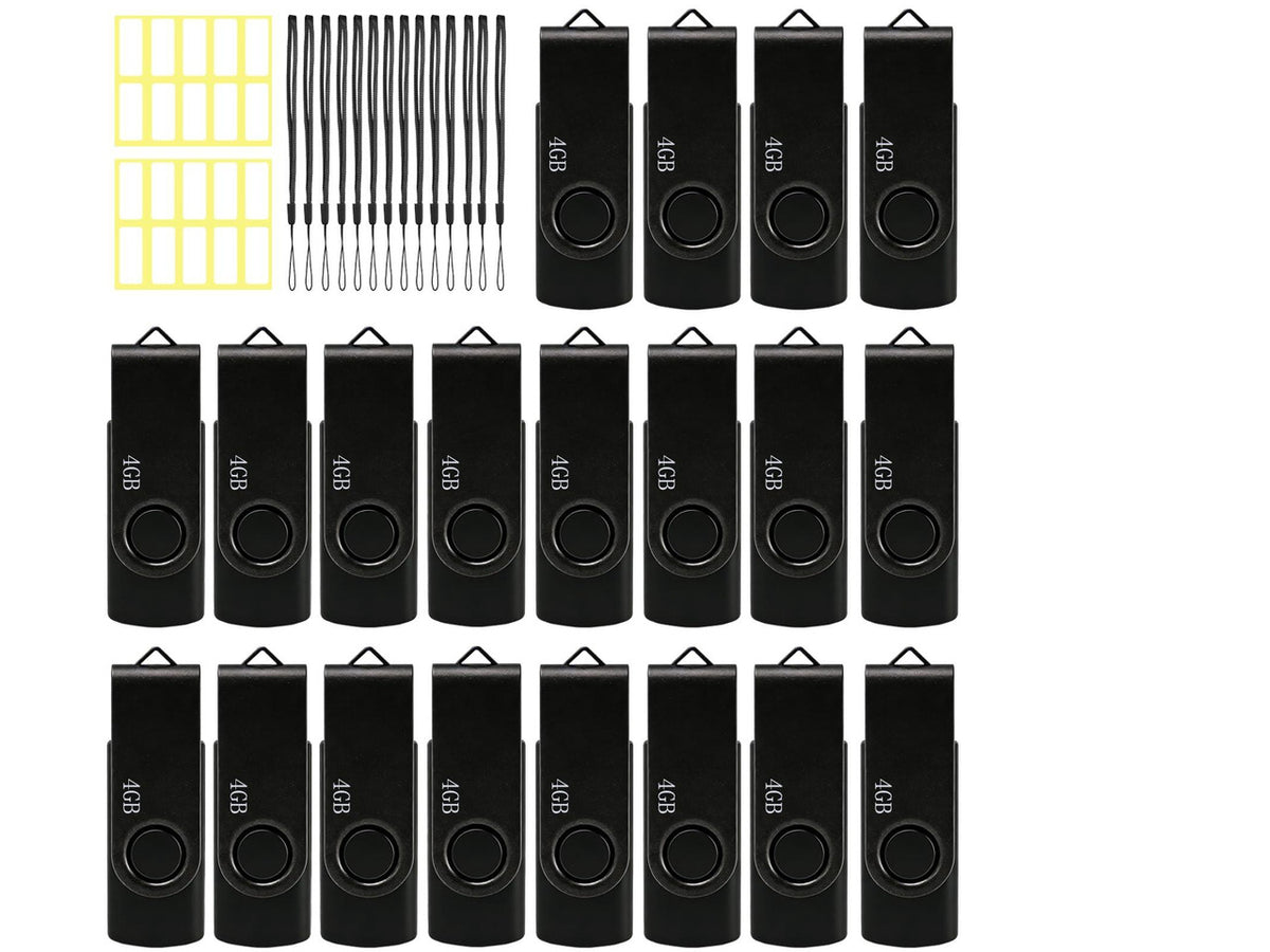 4GB USB Flash Drive 20 Pack Nicepicten Bulk USB 2.0 Thumb Drive FAT32 Flash Drives Multipack Swivel Jump Zip Drive USB Memory Stick with Label & Lanyards (4GB Black)