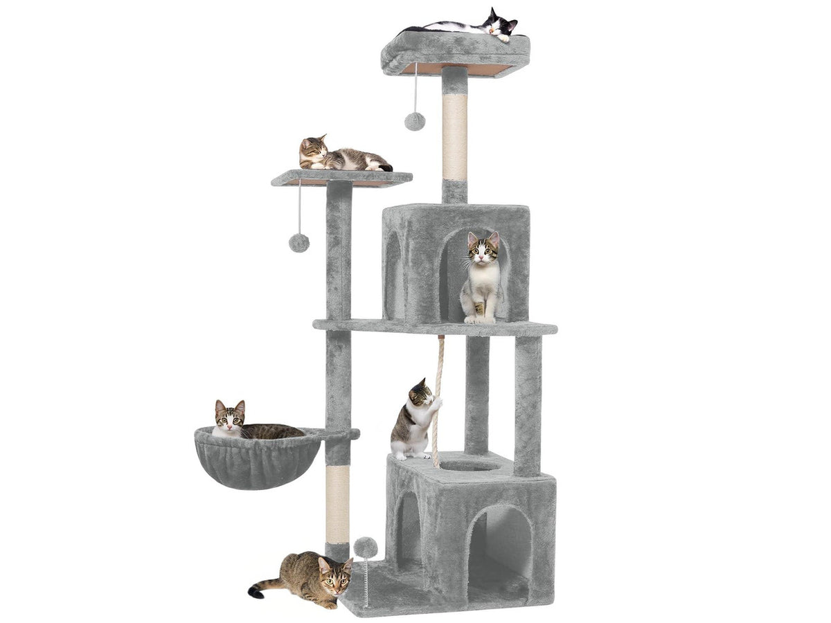 54 Inches Large Cat Tree Tower for Indoor Cat, Tall Cat Tower with Scratching Posts, Cat Condos, Cat Hammock, Pompoms, Top Perches, Sisal Rope, for Bed Room, Living Room (Light Grey)