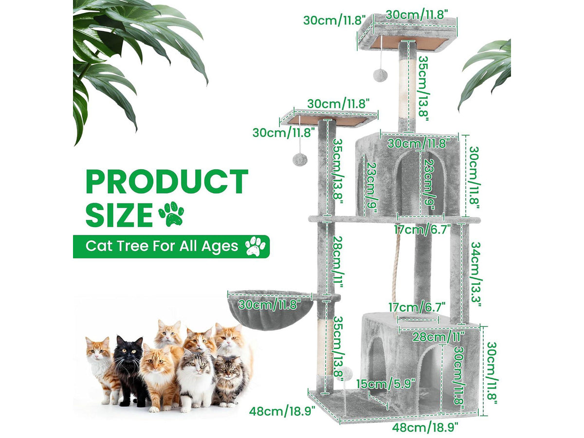54 Inches Large Cat Tree Tower for Indoor Cat, Tall Cat Tower with Scratching Posts, Cat Condos, Cat Hammock, Pompoms, Top Perches, Sisal Rope, for Bed Room, Living Room (Light Grey)