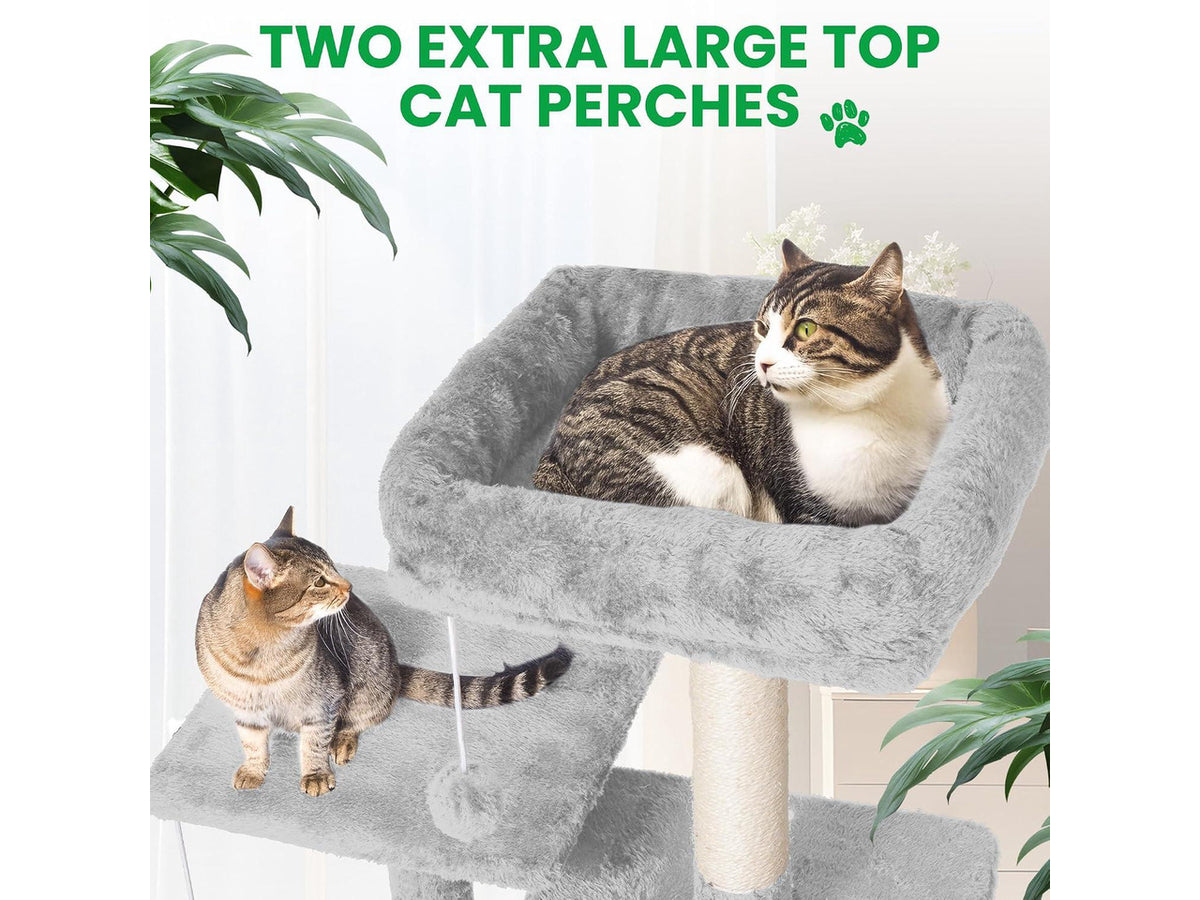 54 Inches Large Cat Tree Tower for Indoor Cat, Tall Cat Tower with Scratching Posts, Cat Condos, Cat Hammock, Pompoms, Top Perches, Sisal Rope, for Bed Room, Living Room (Light Grey)